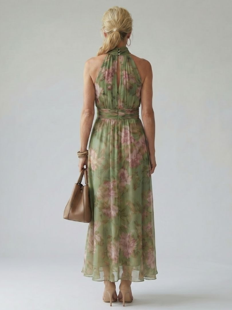 Robe midi verte en mousseline avec col halter et fronces, conçue par Danoir Paris, vue en gros plan.