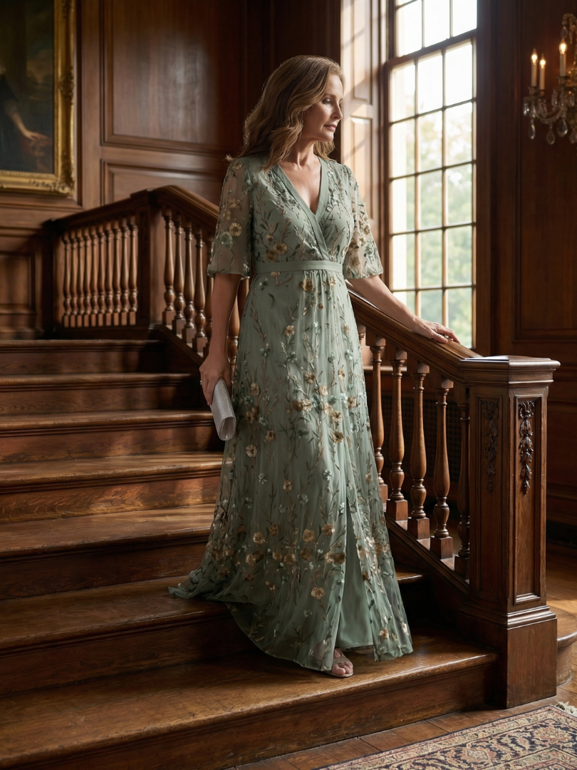 Robe longue verte Selora Halter Bloom Flow de Danoir Paris, style fluide avec bretelles nouées et imprimé floral.