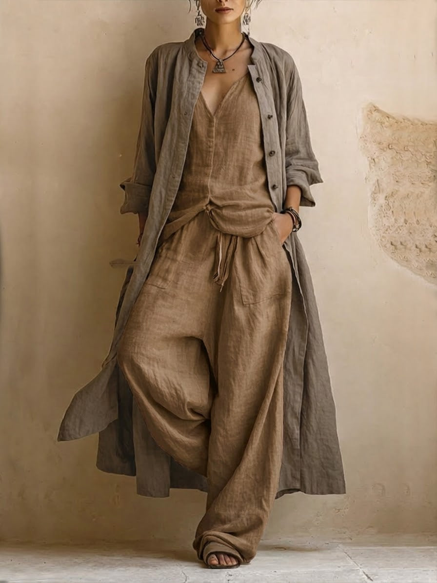 Ensemble 3 pièces en lin bohème Danoir Paris, haut et pantalon assortis, tissu léger et élégant pour un style décontracté.