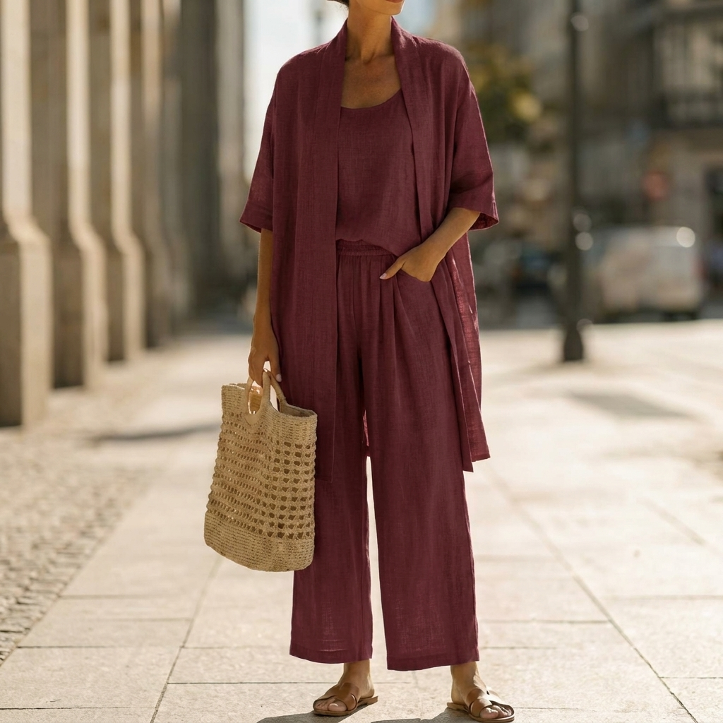 Ensemble trois pièces Abigail de Danoir Paris en bleu, vêtement élégant pour femme, comprenant haut, pantalon et veste.