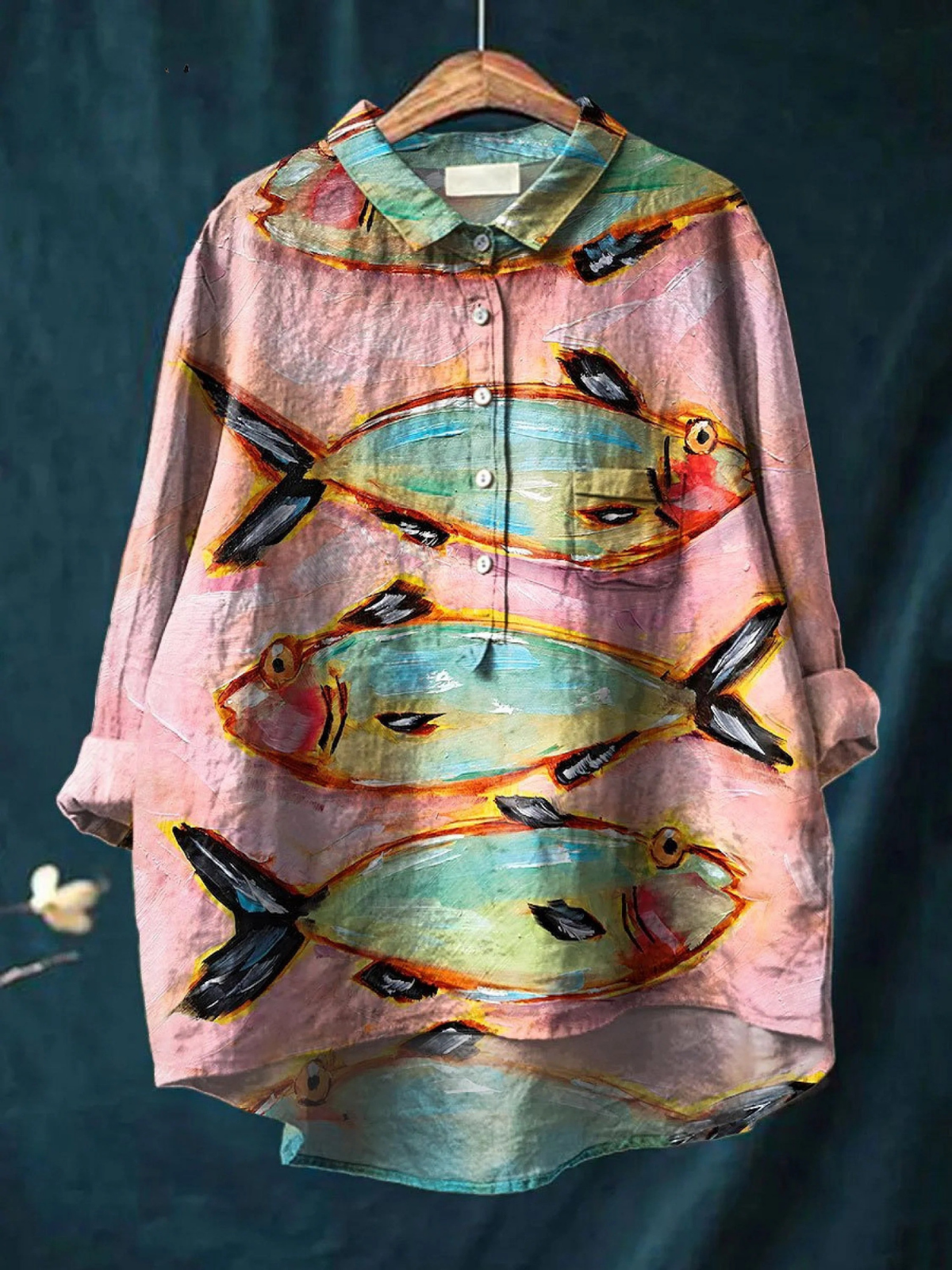 Chemise vintage Danoir Paris Blythe avec motif poisson multicolore, style classique et élégant pour femme.