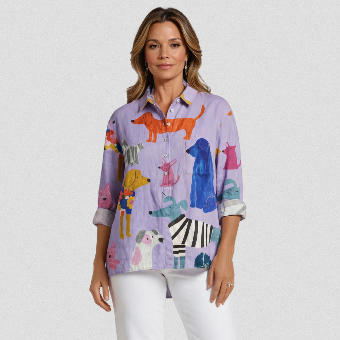 T-shirt Coralie de Danoir Paris avec motif d'art chien multicolore, tissu confortable et style casual pour femme