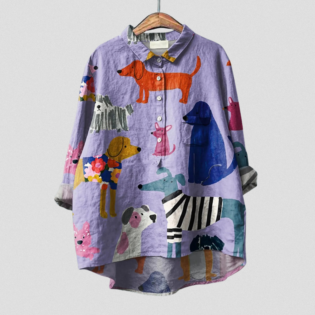 T-shirt Coralie Danoir Paris avec motif d'art de chien multicolore, coton confortable, style décontracté pour femmes.