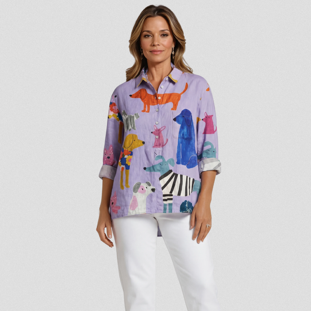 T-shirt Coralie Danoir Paris avec motif artistique de chien multicolore, en coton léger pour femme.