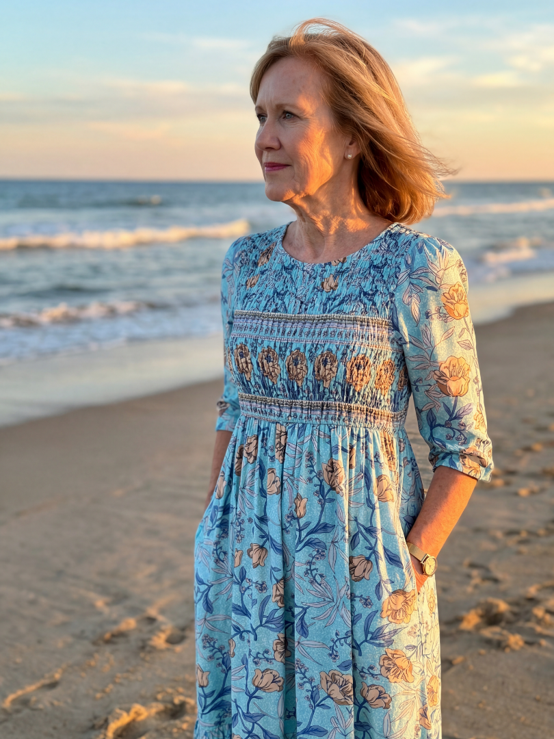 Robe midi Halia Meadow Gather de Danoir Paris en tissu bleu ciel, avec détails élégants et coupe fluide.