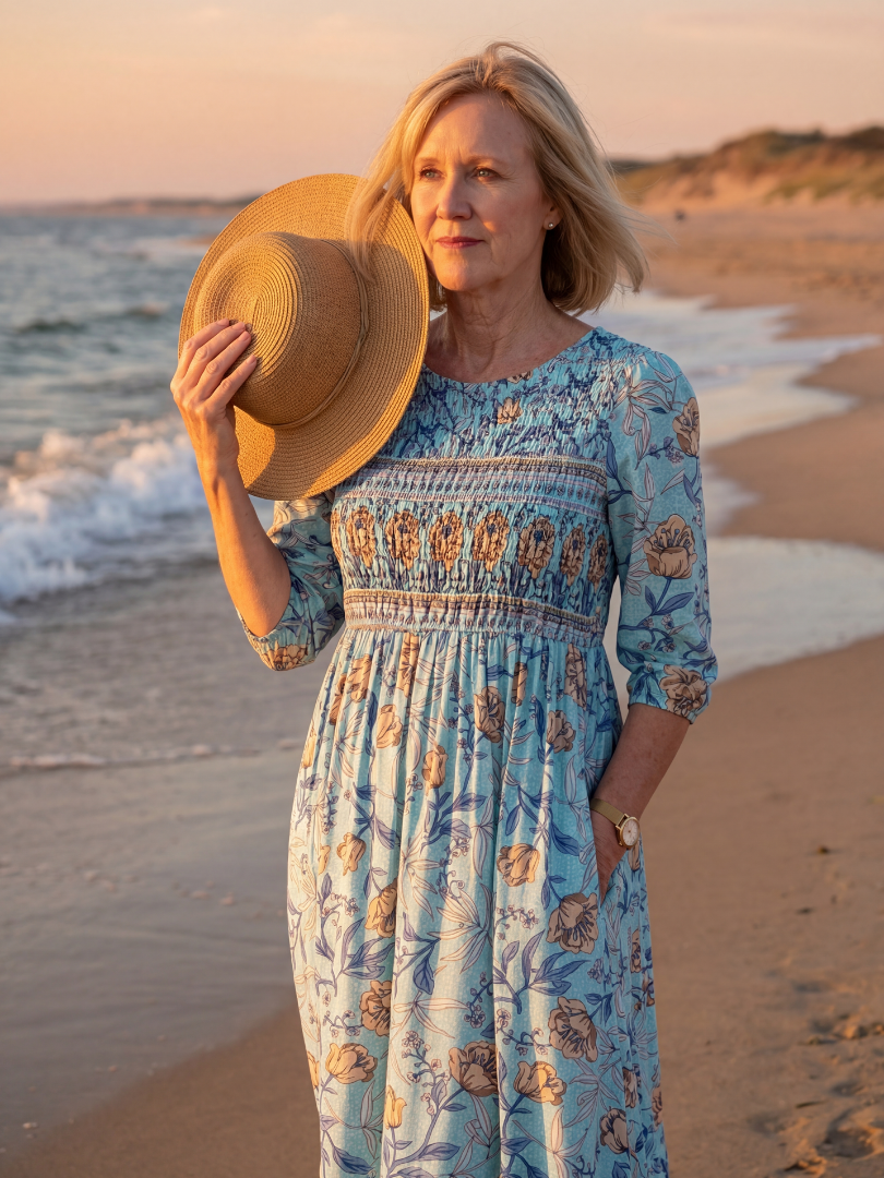 Robe midi Halia Danoir Paris en tissu bleu ciel avec motif floral, coupe élégante et détails raffinés.