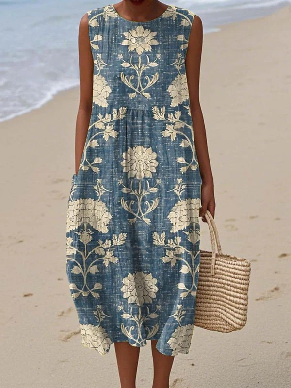 Robe midi sans manches Danoir Paris, style bohème, motifs multicolores, élégante robe midi pour femme.