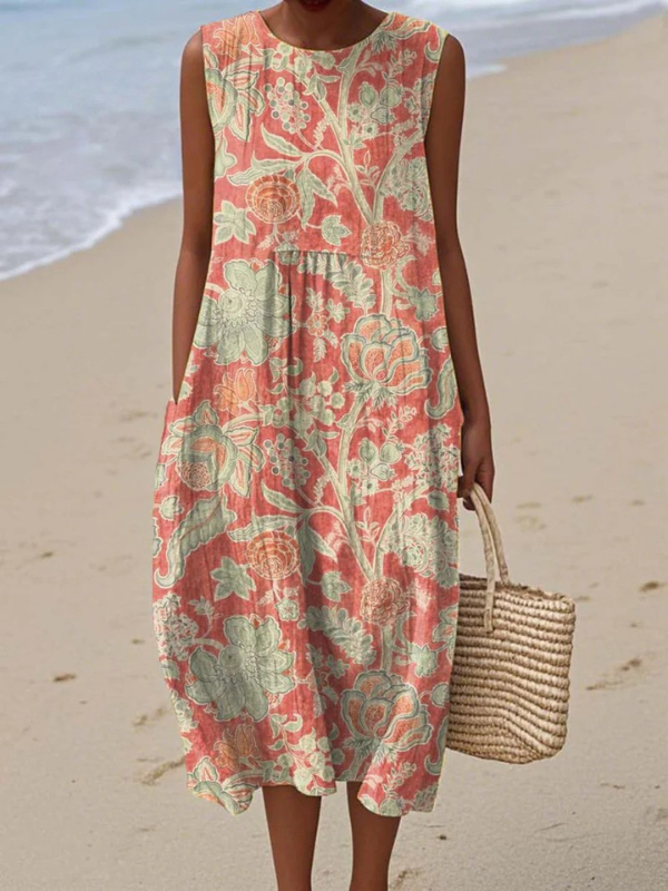 Robe midi sans manches Danoir Paris, motif fleuri multicolore, robe élégante pour femme, style fluide et léger.