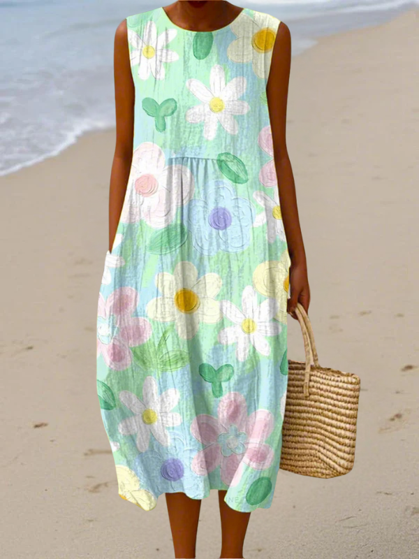 Robe midi sans manches Danoir Paris Erin Pastel Blossom avec motifs floraux multicolores, style élégant pour femme.