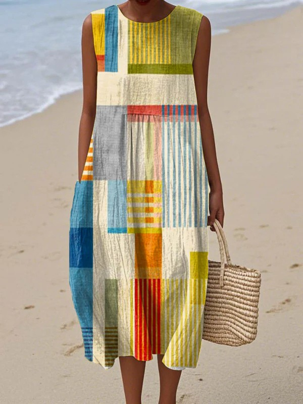 Robe midi sans manches Danoir Paris Eve avec motif géométrique multicolore, élégante et moderne pour femmes.