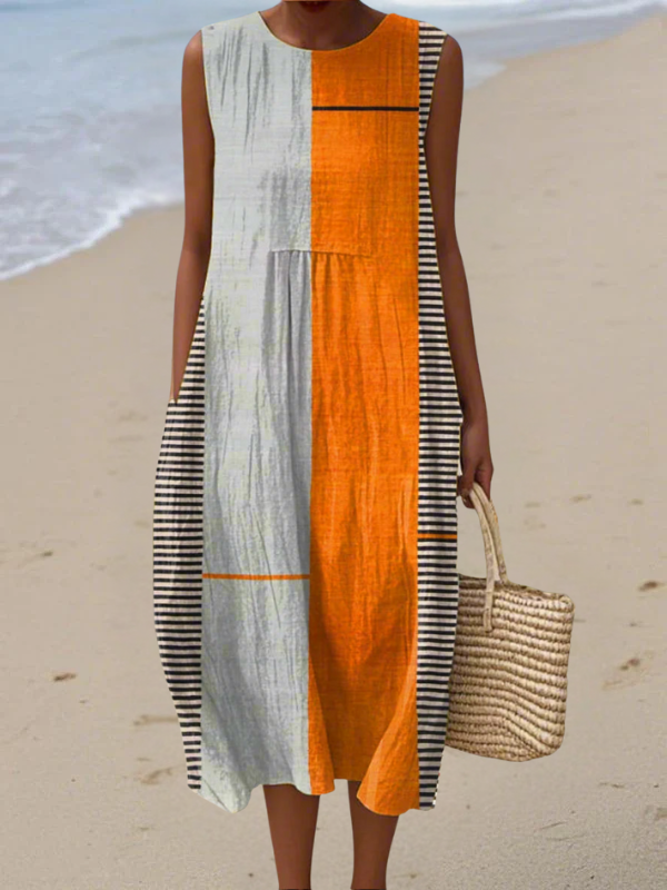 Robe midi sans manches Danoir Paris Mai, colorblock multicolore, vêtement élégant pour femme, vue de face.