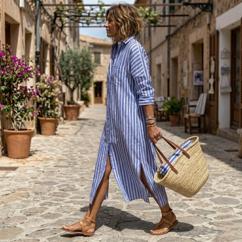 Robe d'été à rayures Danoir Paris, élégante et légère, portée par un mannequin, en couleur sable, taille XS.