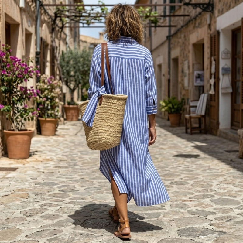 Robe d'été à rayures élégante de Danoir Paris, robe estivale légère et chic avec motifs rayés beige et blanc.