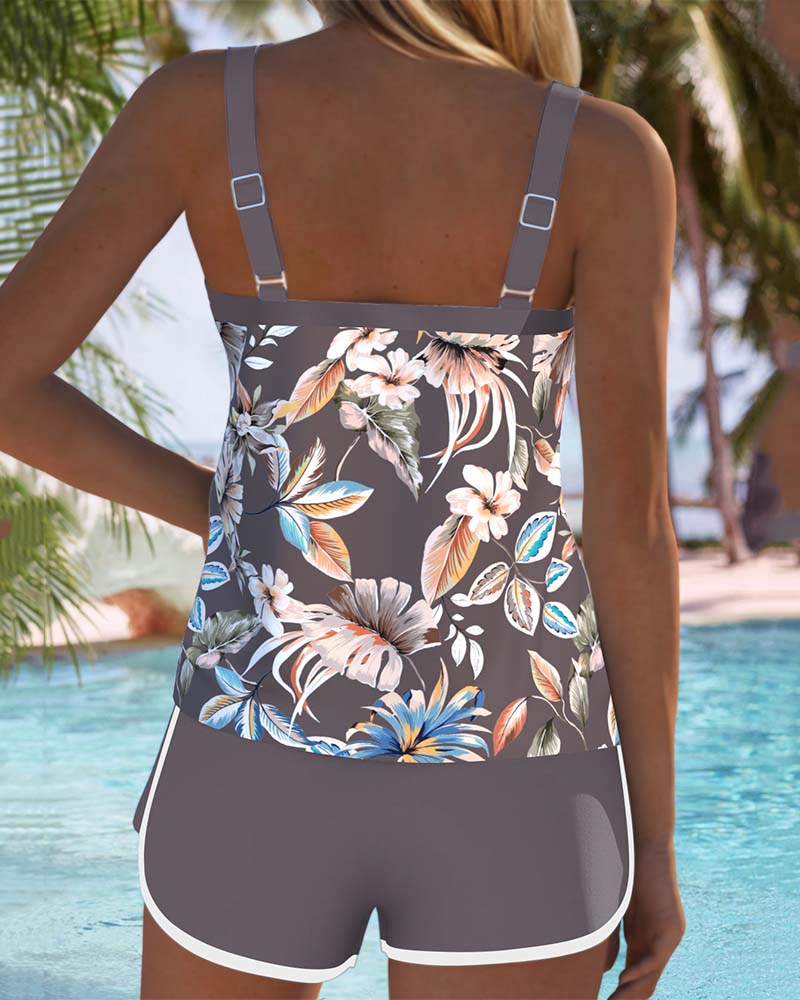Maillot de bain tankini sans manches Imke de Danoir Paris avec décolleté en U et imprimé gris, idéal pour la plage ou la piscine.