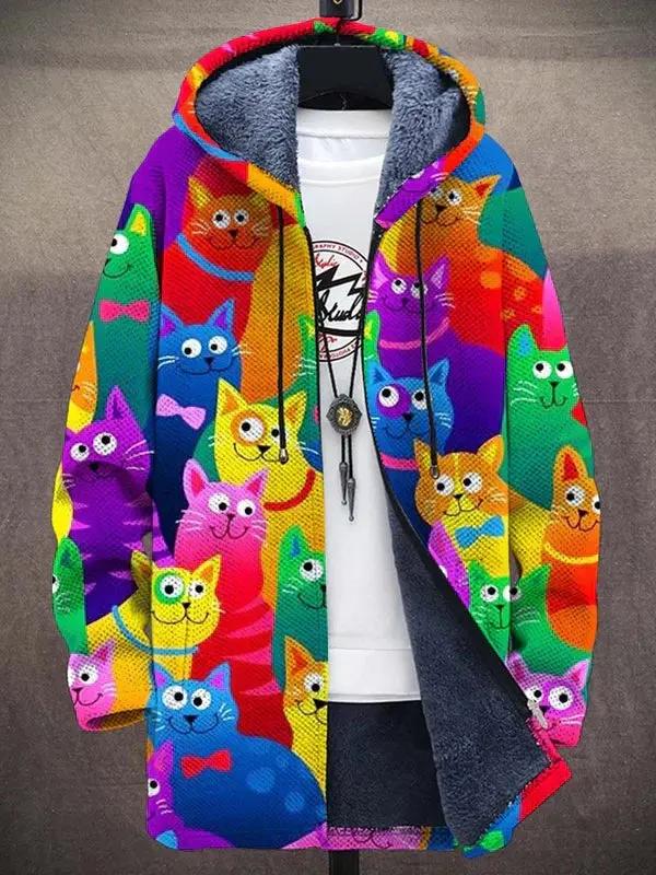 Gilet de luxe Tayari de Danoir Paris avec motif coloré de chat, inspiré par l'art, détails visibles en tissu élégant.