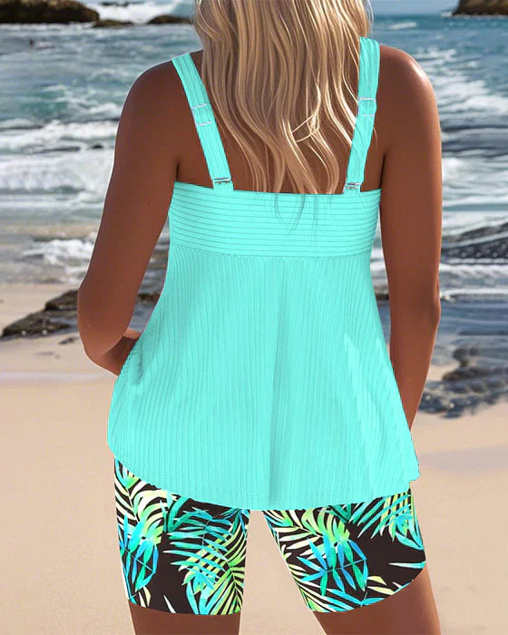 Ensemble tankini côtelé Daphne de Danoir Paris en turquoise, avec haut et bas flatteurs pour maillot de bain.
