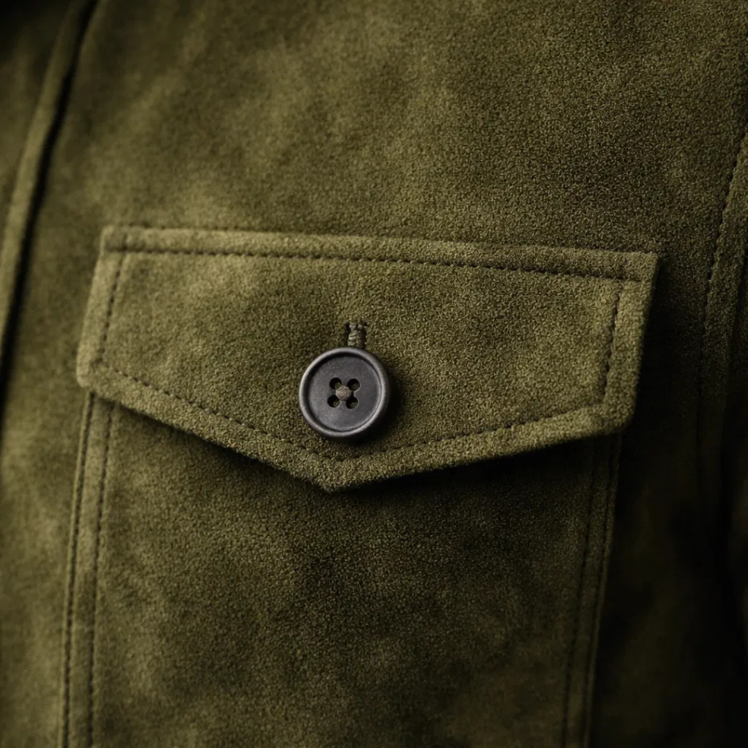 Veste en daim vert Oltrarno™ de Danoir Paris, élégante et sophistiquée, avec finition de qualité et savoir-faire italien.