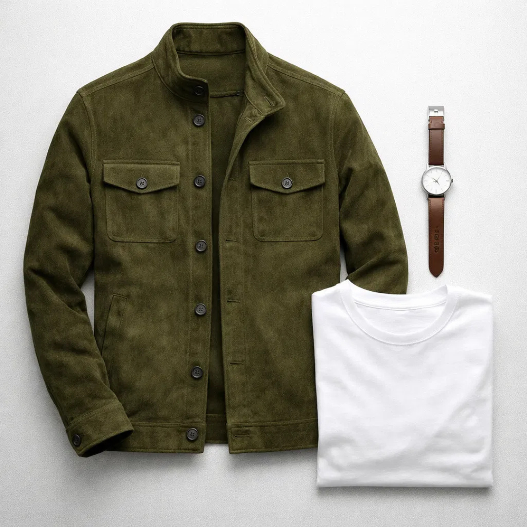 Veste en daim vert Oltrarno™ Danoir Paris, élégante et haut de gamme, en daim italien avec finition soignée.