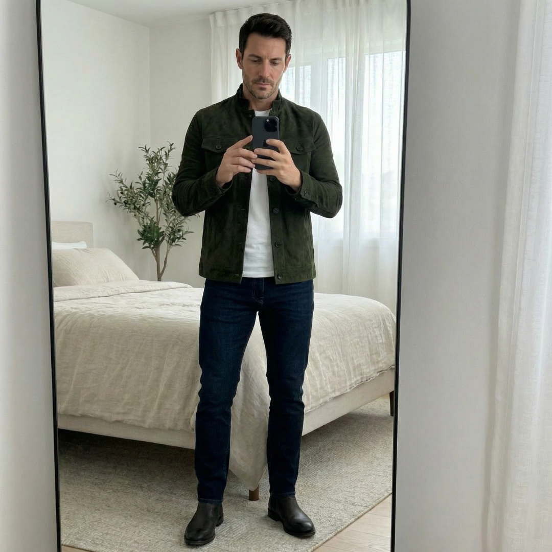 Veste en daim vert Oltrarno™ de Danoir Paris, élégante veste en daim premium avec savoir-faire italien visible sur l'image.