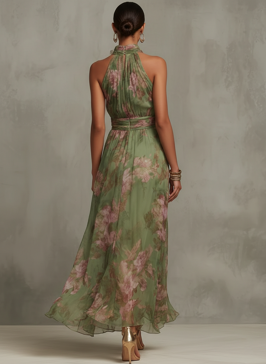 Robe longue verte Danoir Paris Serena avec imprimé floral et col halter, vue en détail.