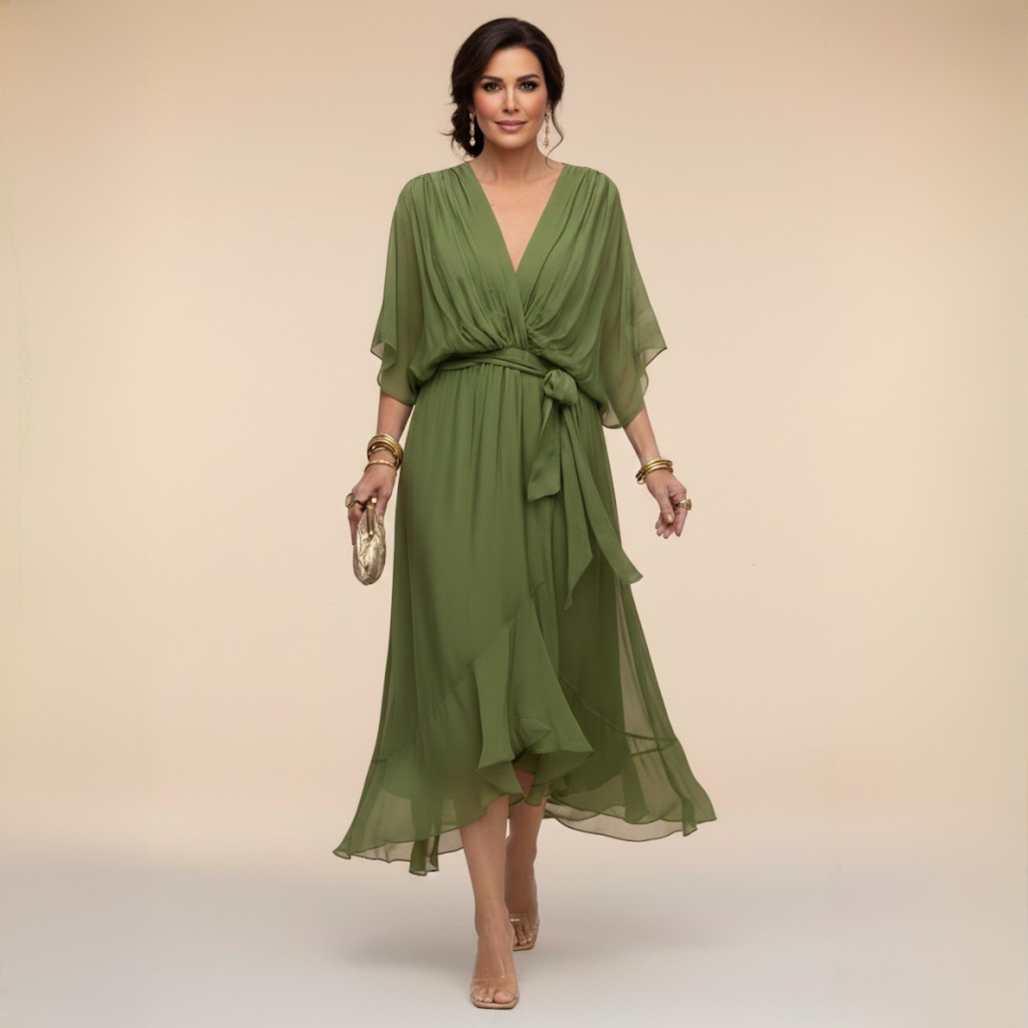 Robe en chiffon verte Danoir Paris Marta avec décolleté en V, taille XS, légère et élégante pour femme.