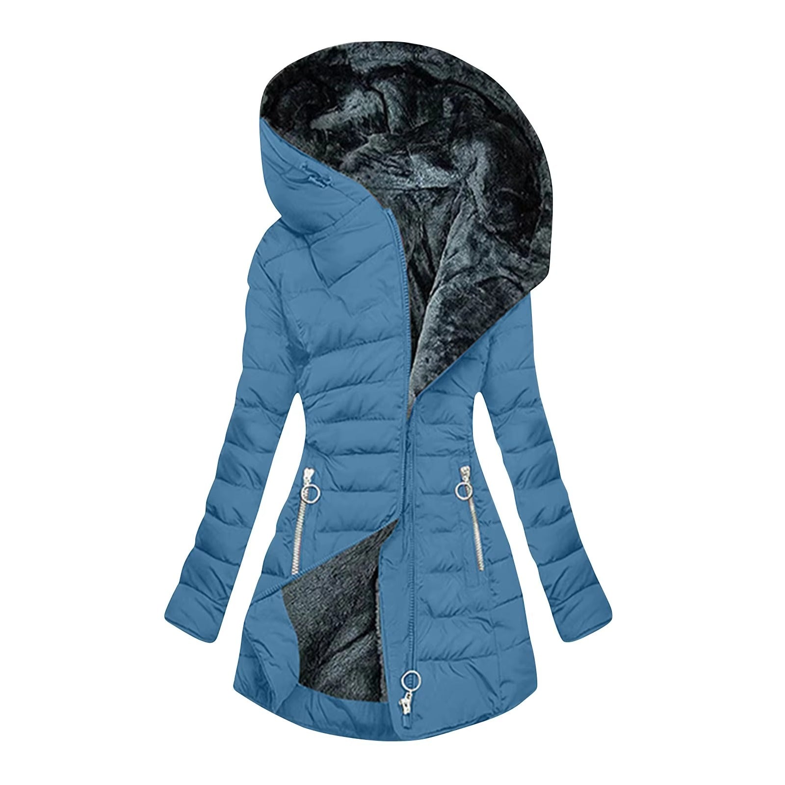 Manteau d’hiver chaud et luxueux Danoir Paris en vert clair, veste élégante avec col et fermeture frontale visible.