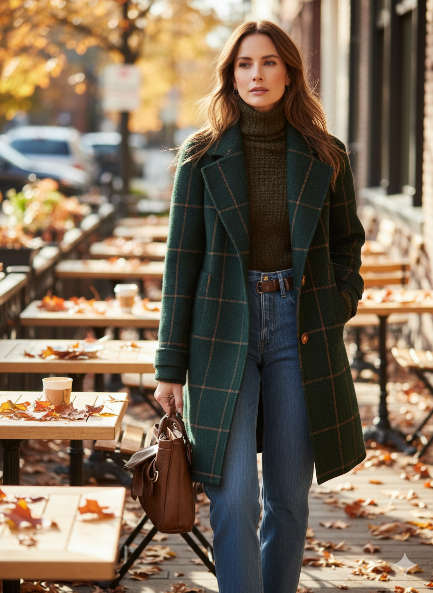 Manteau Fiona classique en vert foncé de Danoir Paris, détail en tissu chaud et élégant, porté sur un mannequin.
