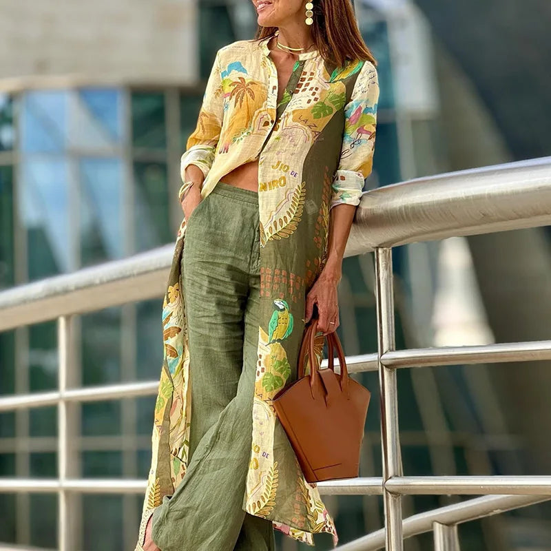 Ensemble en lin Jessica de Danoir Paris, vêtement vert pour femme, avec haut et pantalon en tissu léger et respirant.