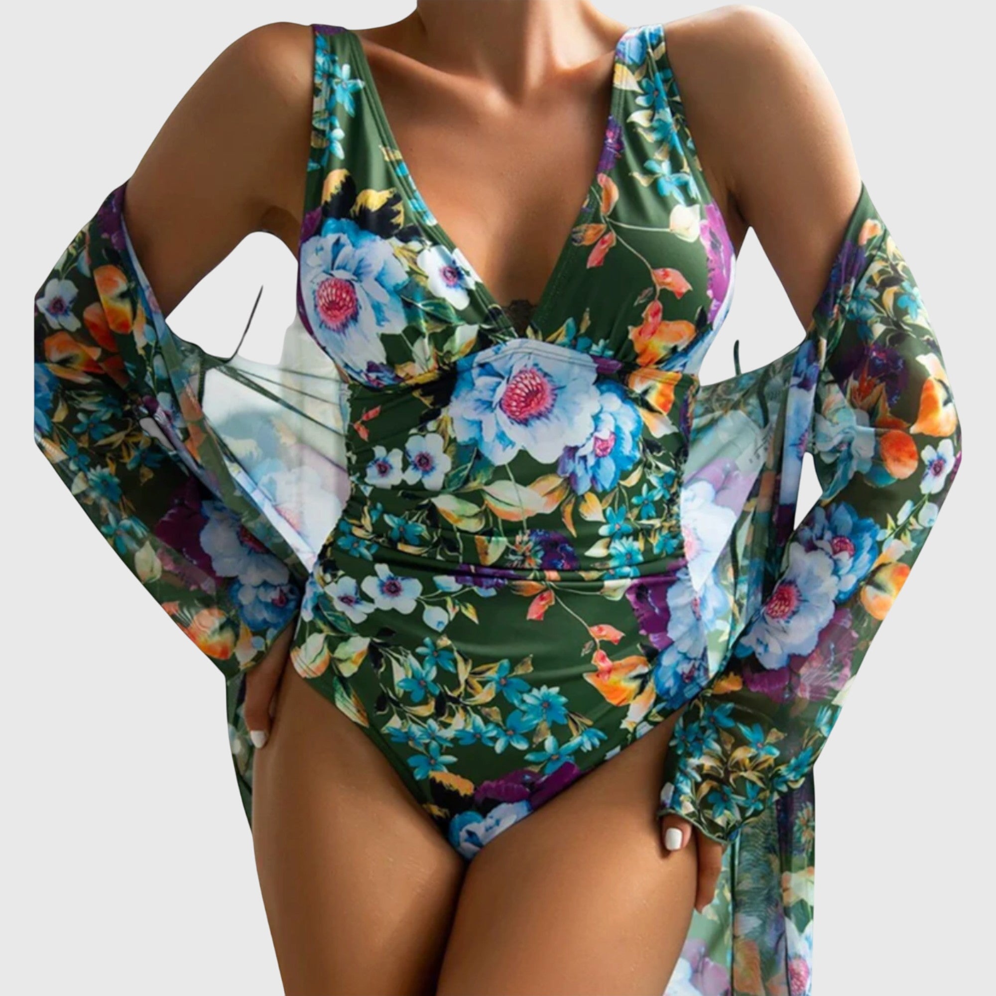 Ensemble de maillot de bain d'été Linnea de Danoir Paris, bikini vert avec détails élégants, porté sur mannequin.