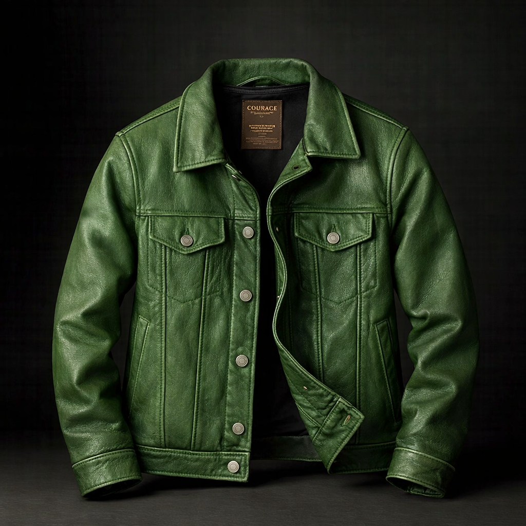 Veste rider verte pour homme Danoir Paris, coupe ajustée, en cuir synthétique, avec fermeture éclair et détails stylés.
