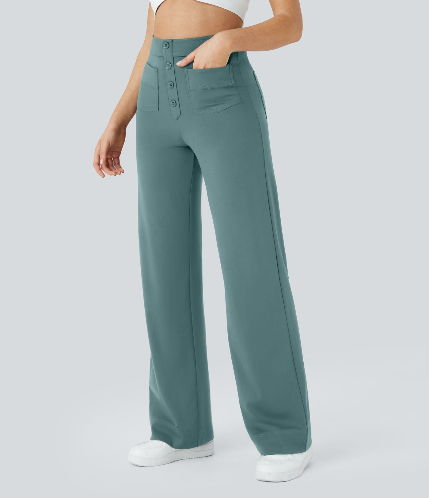 Pantalons élastiques confortables Jade de Danoir Paris en vert, taille XS, tissu doux et flexible pour un confort optimal.