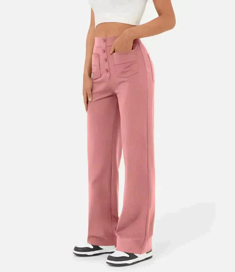 Pantalons élastiques confortables Jade de Danoir Paris en tissu vert, taille XS, vue de face sur fond neutre.