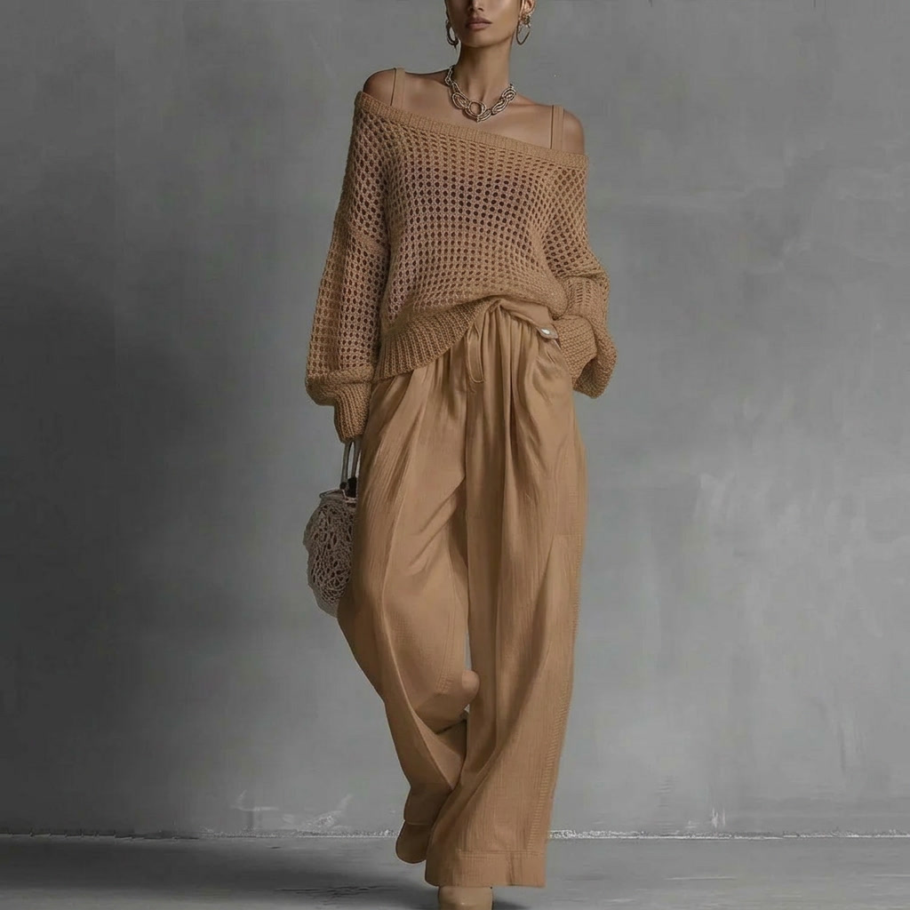 Ensemble deux pièces élégant Claribel™ de Danoir Paris, chemise blanche et pantalon assorti, vue de face.