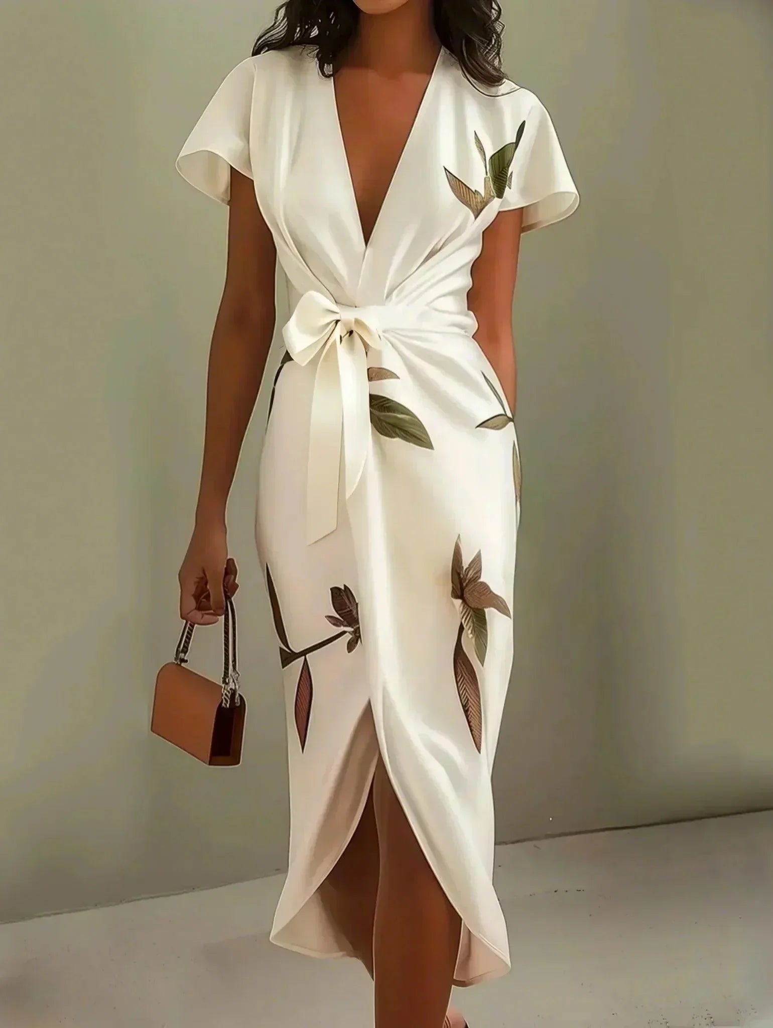 Robe enveloppante élégante Harper™ de Danoir Paris en tissu blanc, affichant un style sophistiqué et une coupe fluide.