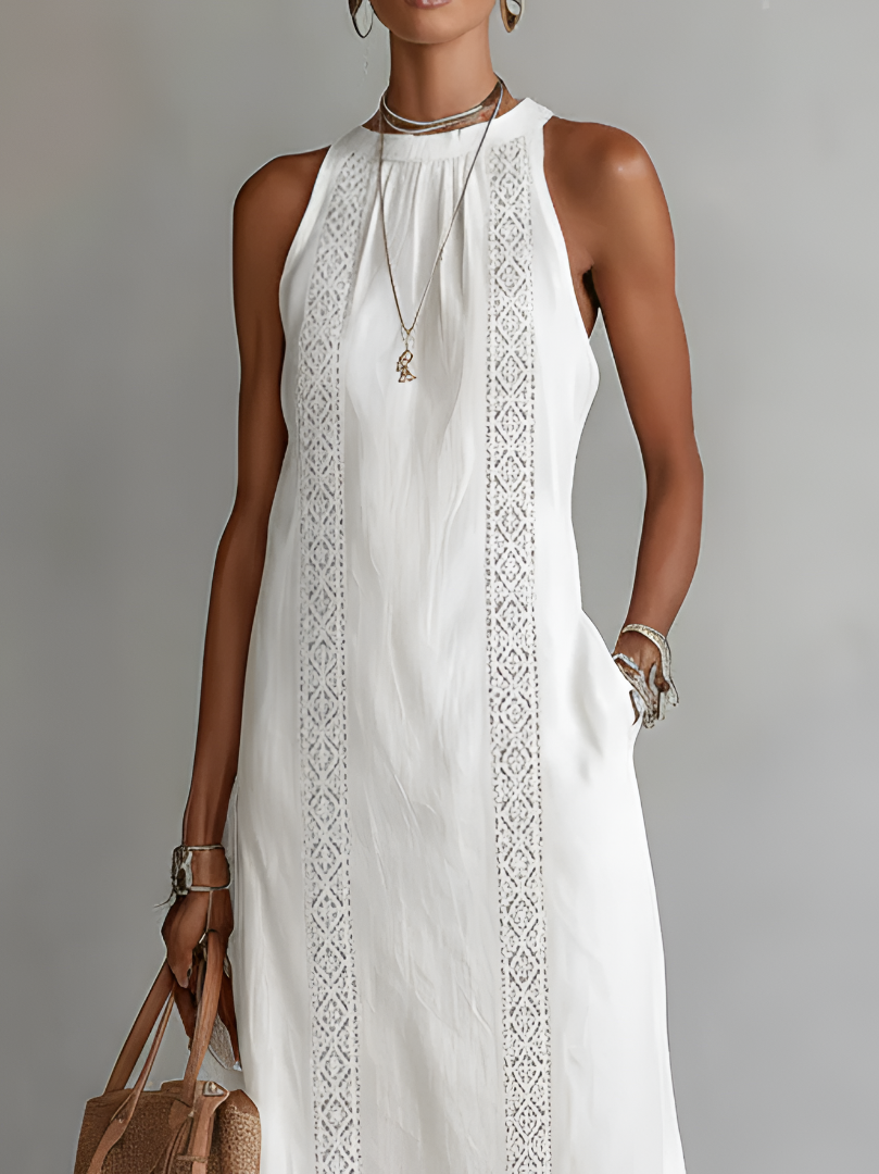 Robe midi en lin blanche Jimena avec col Mao, vêtement élégant de la marque Danoir Paris.