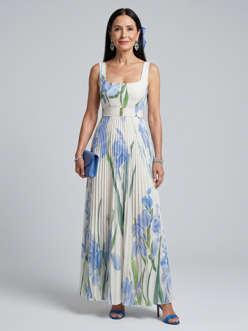 Robe midi sans manches Danoir Paris Ophelia à col carré et imprimé floral, vue de face sur fond blanc.