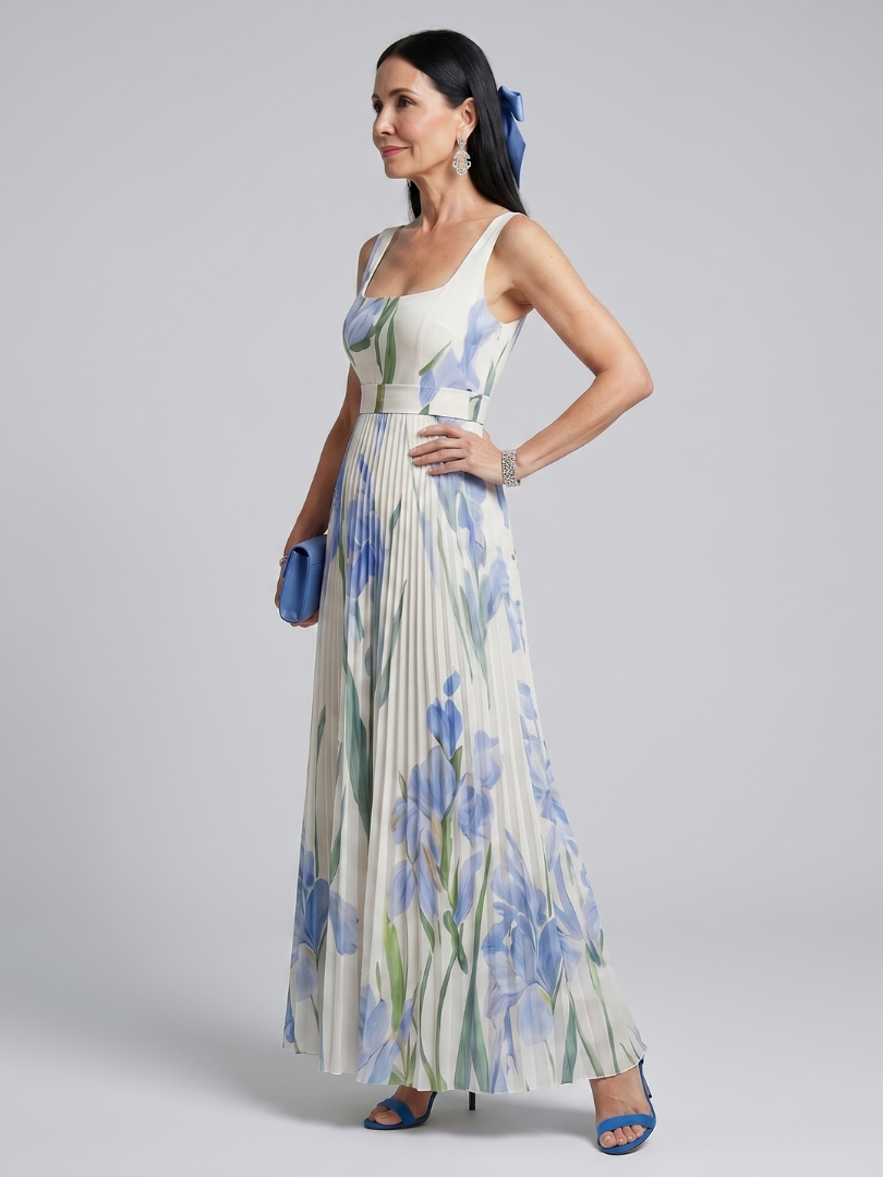 Robe midi sans manches Danoir Paris Ophelia à col carré et imprimé floral, vue de face, tissu léger et élégant.