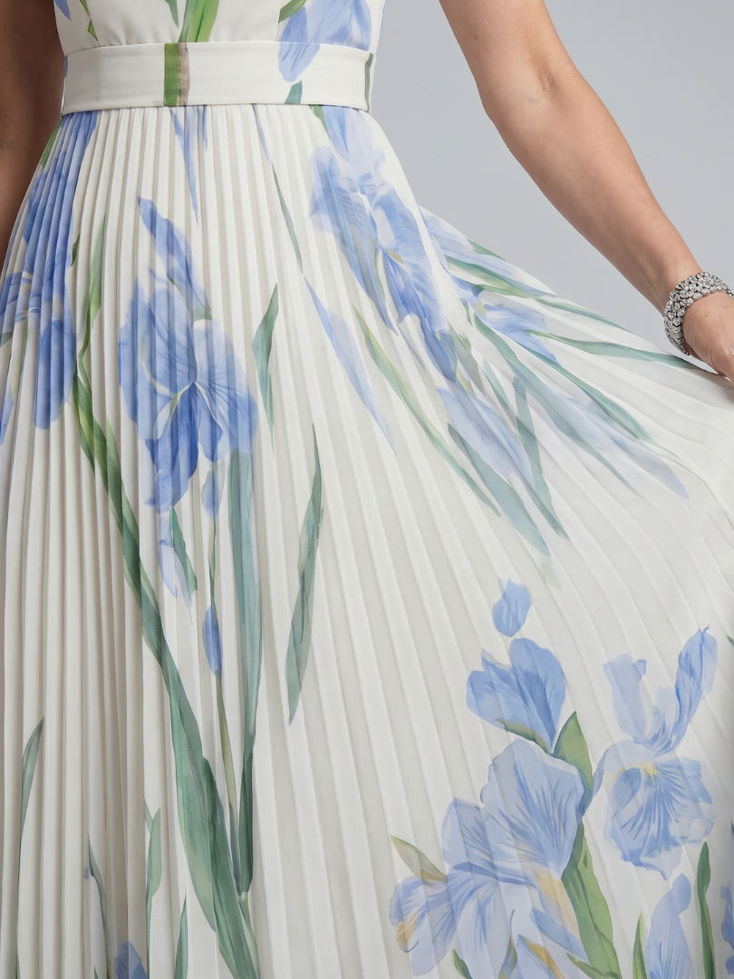 Robe midi sans manches Danoir Paris Ophelia à col carré et imprimé floral blanc, élégante et féminine.