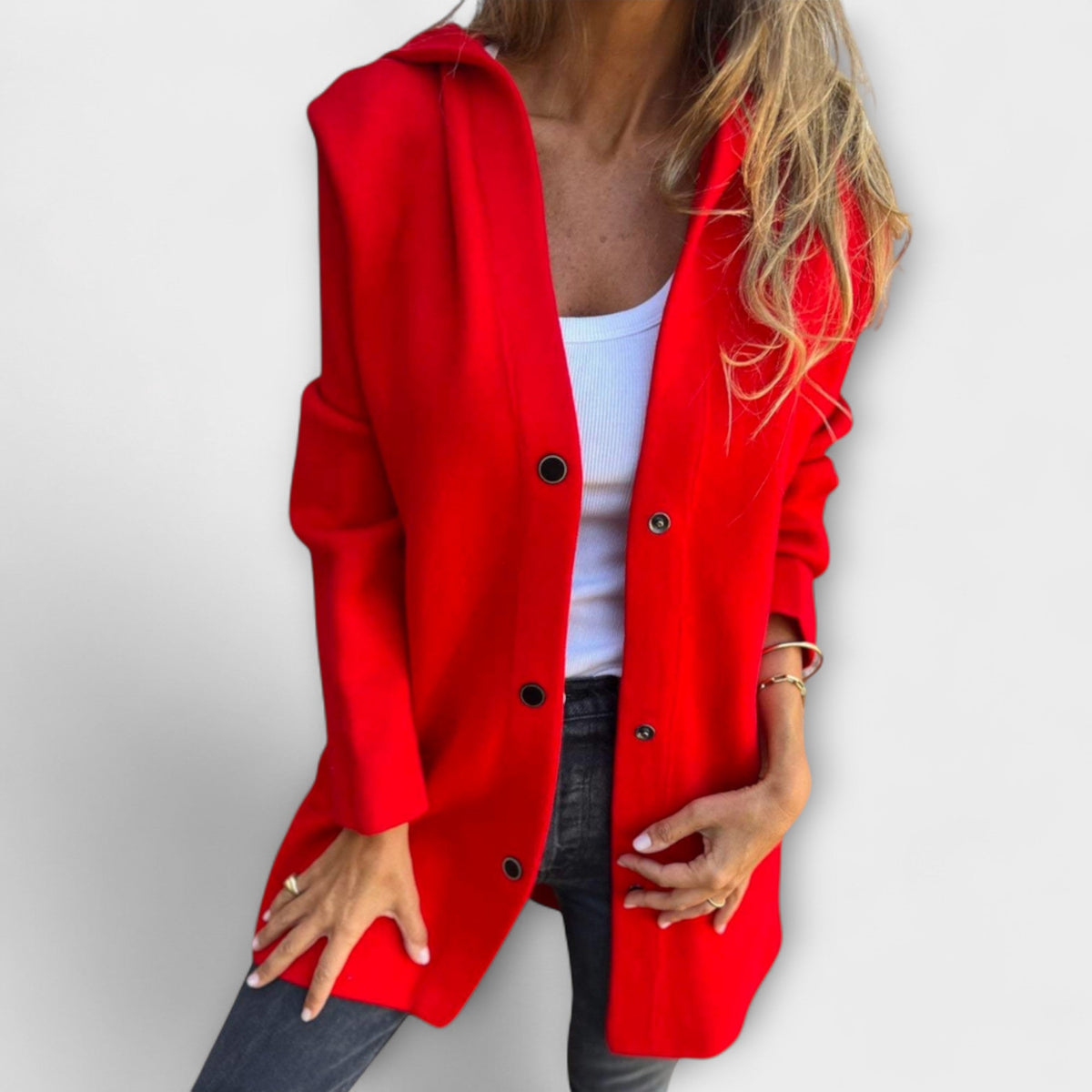 Veste élégante pour femmes Danoir Paris Rhyvian en gris, vue de face avec col et boutons visibles.