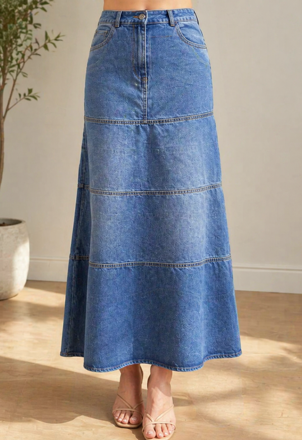Jupe en jean mi-longue pour femme Danoir Paris, couleur bleu moyen, style décontracté, portée en mode casual.