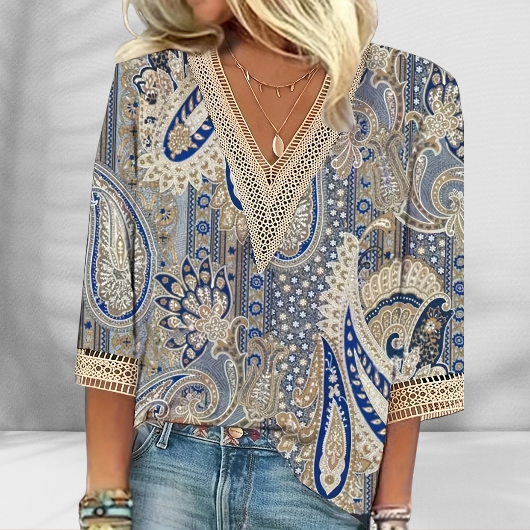 Haut femme Danoir Paris, blouse boho élégante rose, style décontracté avec détails sophistiqués.