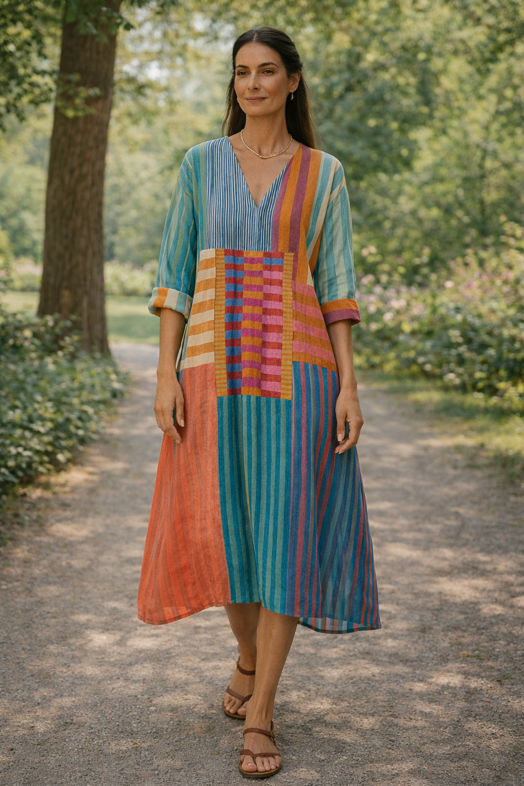 Robe géométrique élégante Lelly de Danoir Paris, vue de face, en tissu fluide avec motifs modernes, taille XS.