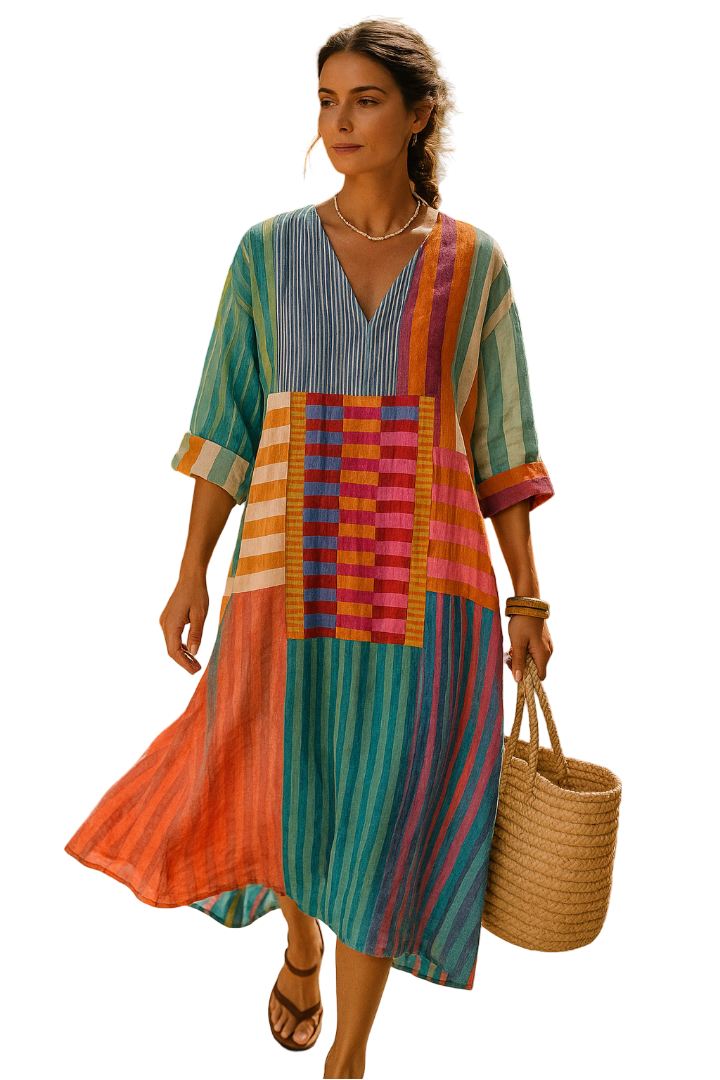 Robe géométrique élégante Lia de Danoir Paris, coupe ajustée, motif moderne, en tissu fluide, portée pour une allure chic.