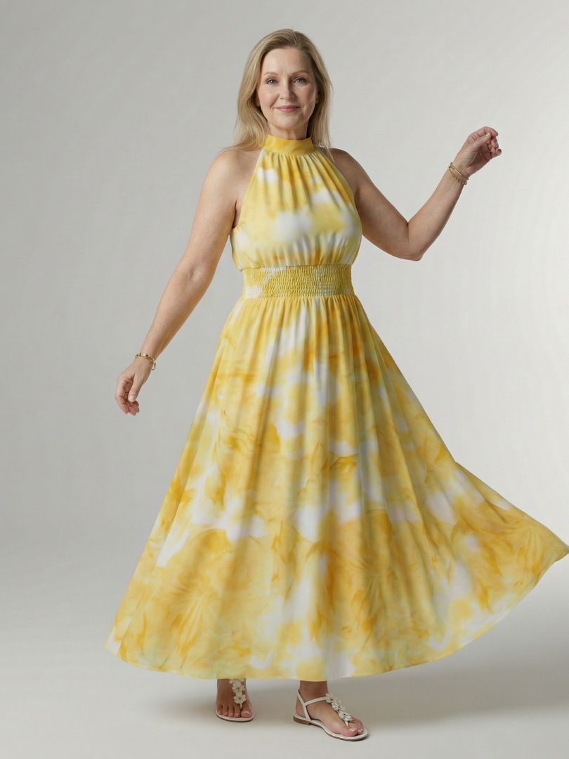 Robe midi jaune Danoir Paris Sylin à encolure halter et détails froncés, vêtement féminin élégant et tendance.