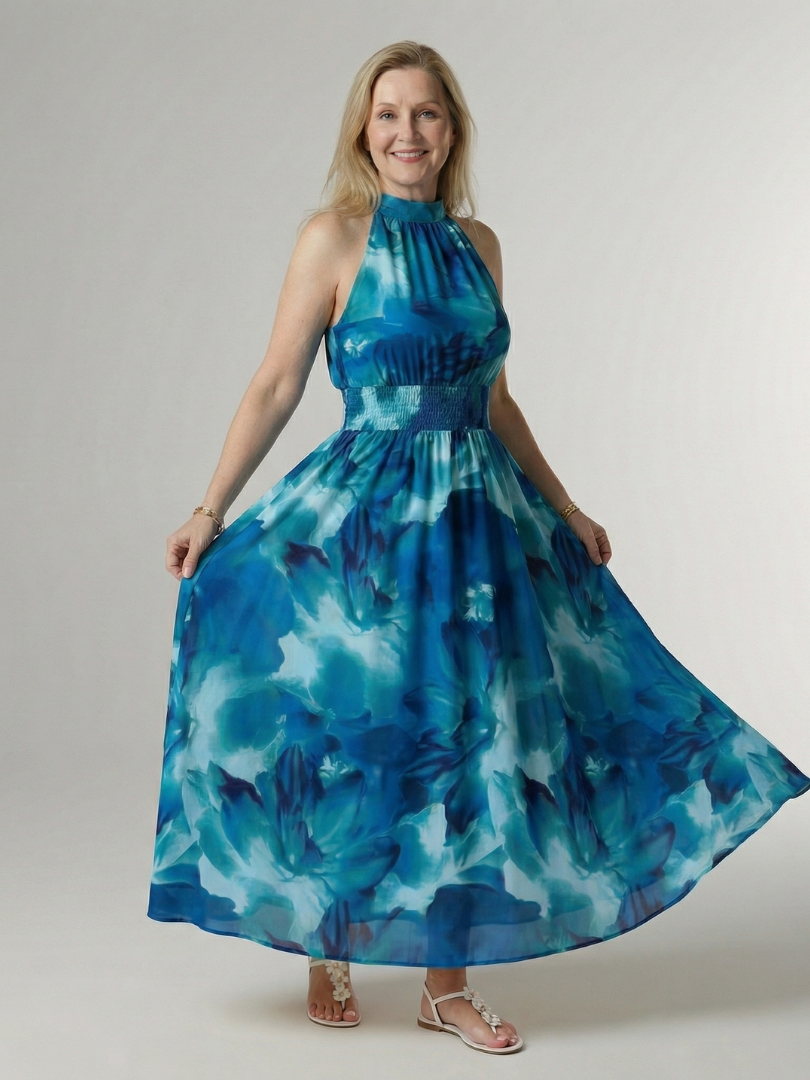 Robe midi jaune Danoir Paris Sylin à col halter et détails froncés, élégante et tendance pour la saison.