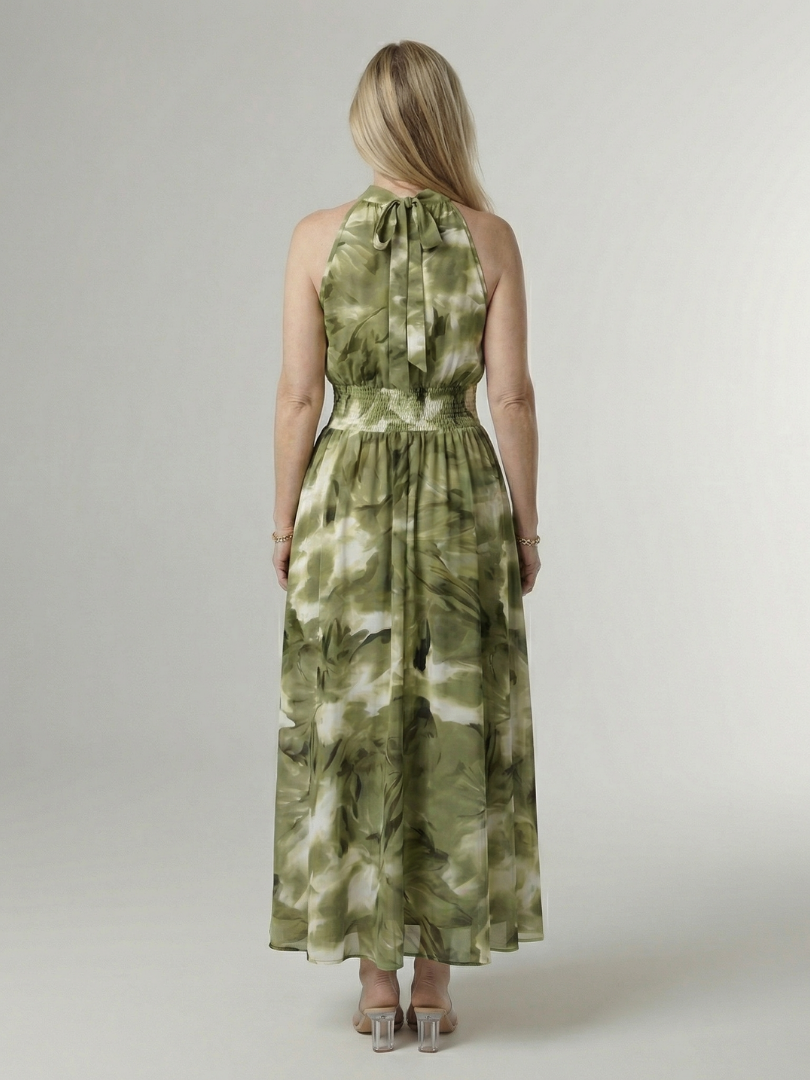 Robe midi jaune Sylin à col halter rassemblé, vêtement élégant de Danoir Paris pour femme.
