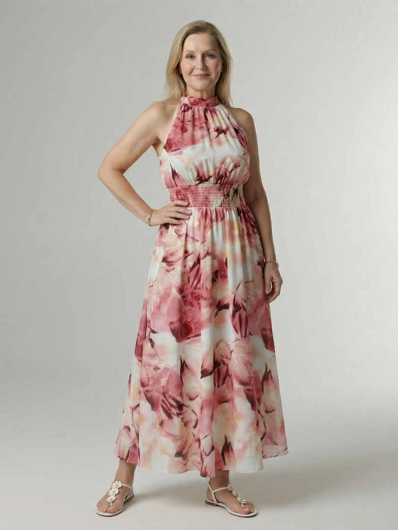 Robe midi jaune Sylin Danoir Paris à encolure halter et détails froncés, parfait pour une tenue élégante et sophistiquée.