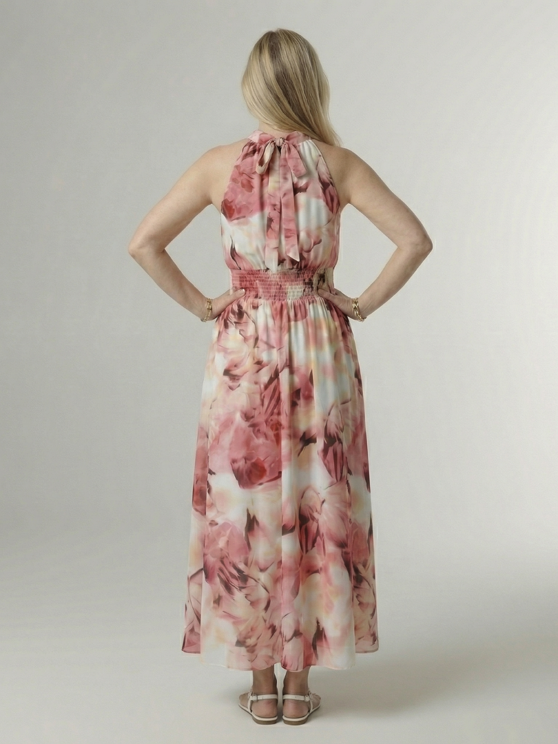 Robe midi jaune Danoir Paris Sylin à encolure halter et détails froncés, vue de face sur fond blanc
