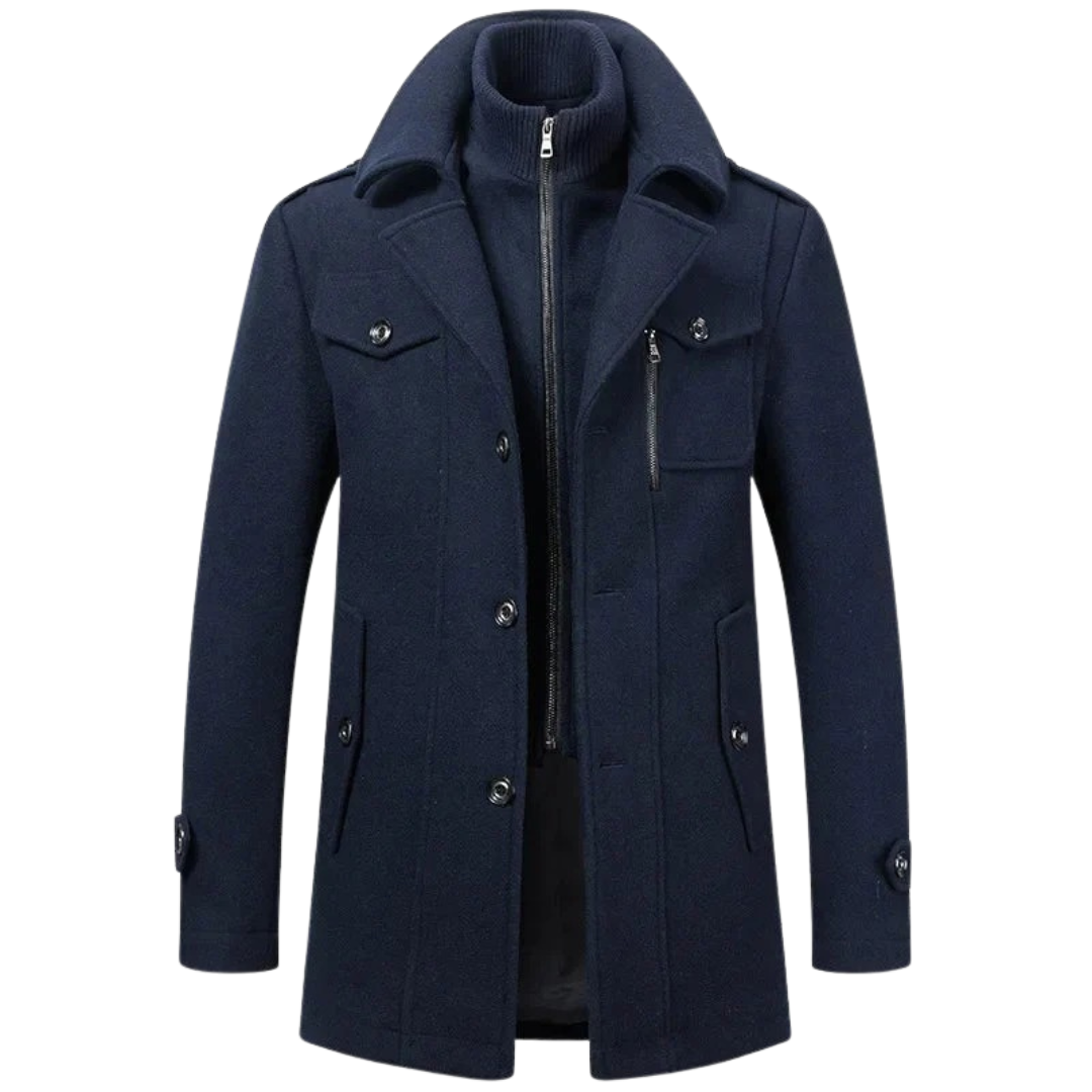Veste d’hiver élégante Danoir Paris noire avec col en laine et boutons, pour femme, vue de face.