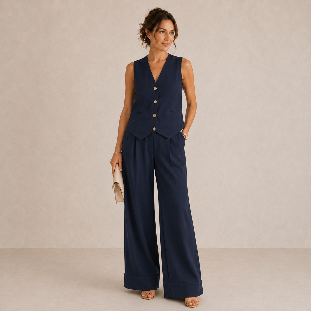 Ensemble élégant ALEKSANDRA de la marque Elvena, comprenant un haut et un pantalon en tissu bleu clair, vue de face.